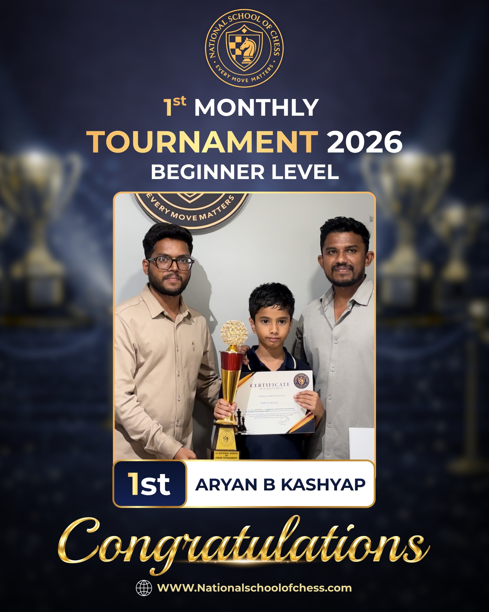 Aryan B Kashyap holding 1st place trophy and certificate