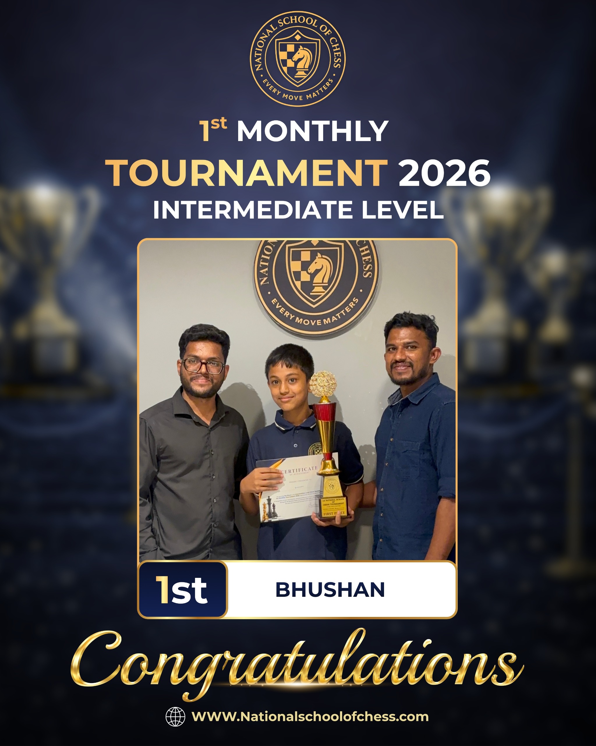 Bhushan holding 1st place trophy and certificate