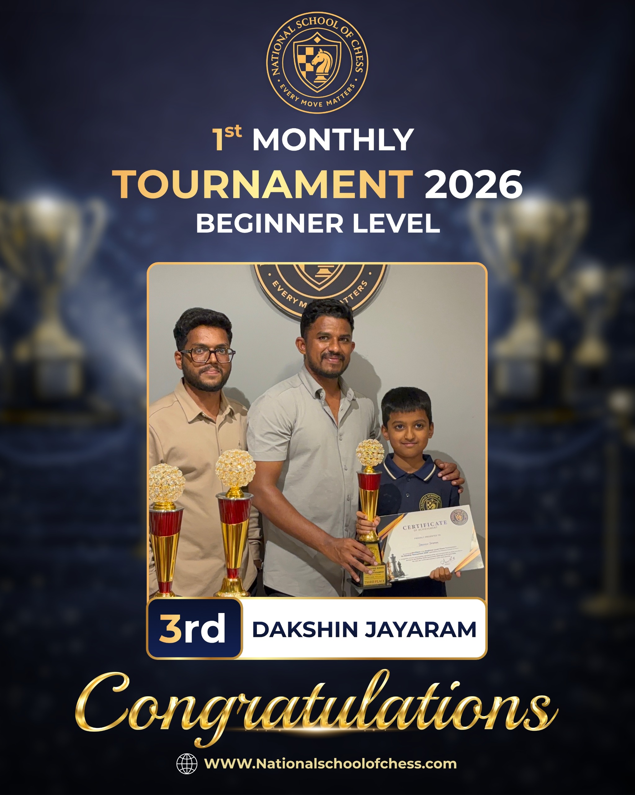 Dakshin Jayaram holding 3rd place trophy and certificate