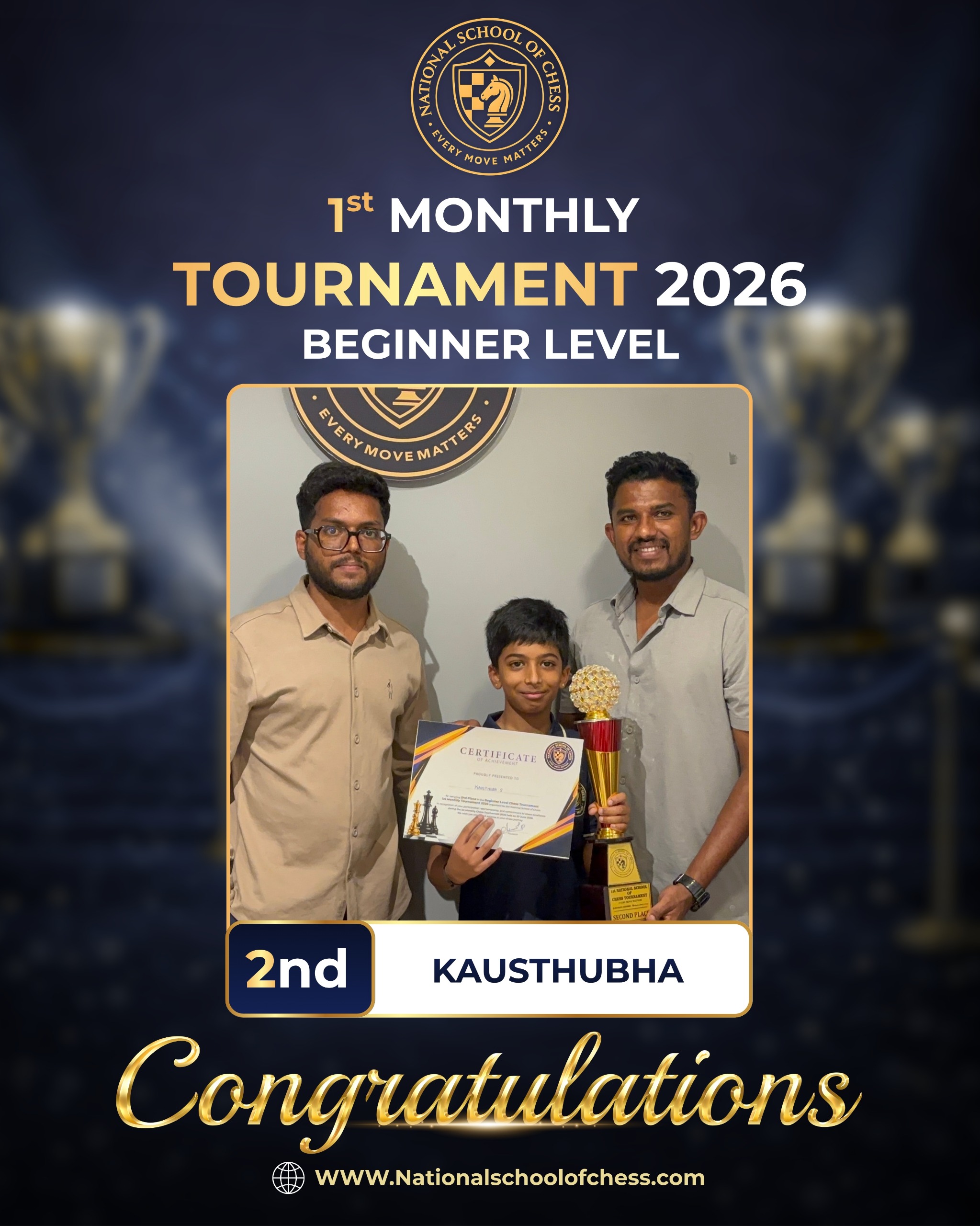 Kausthubha holding 2nd place trophy and certificate