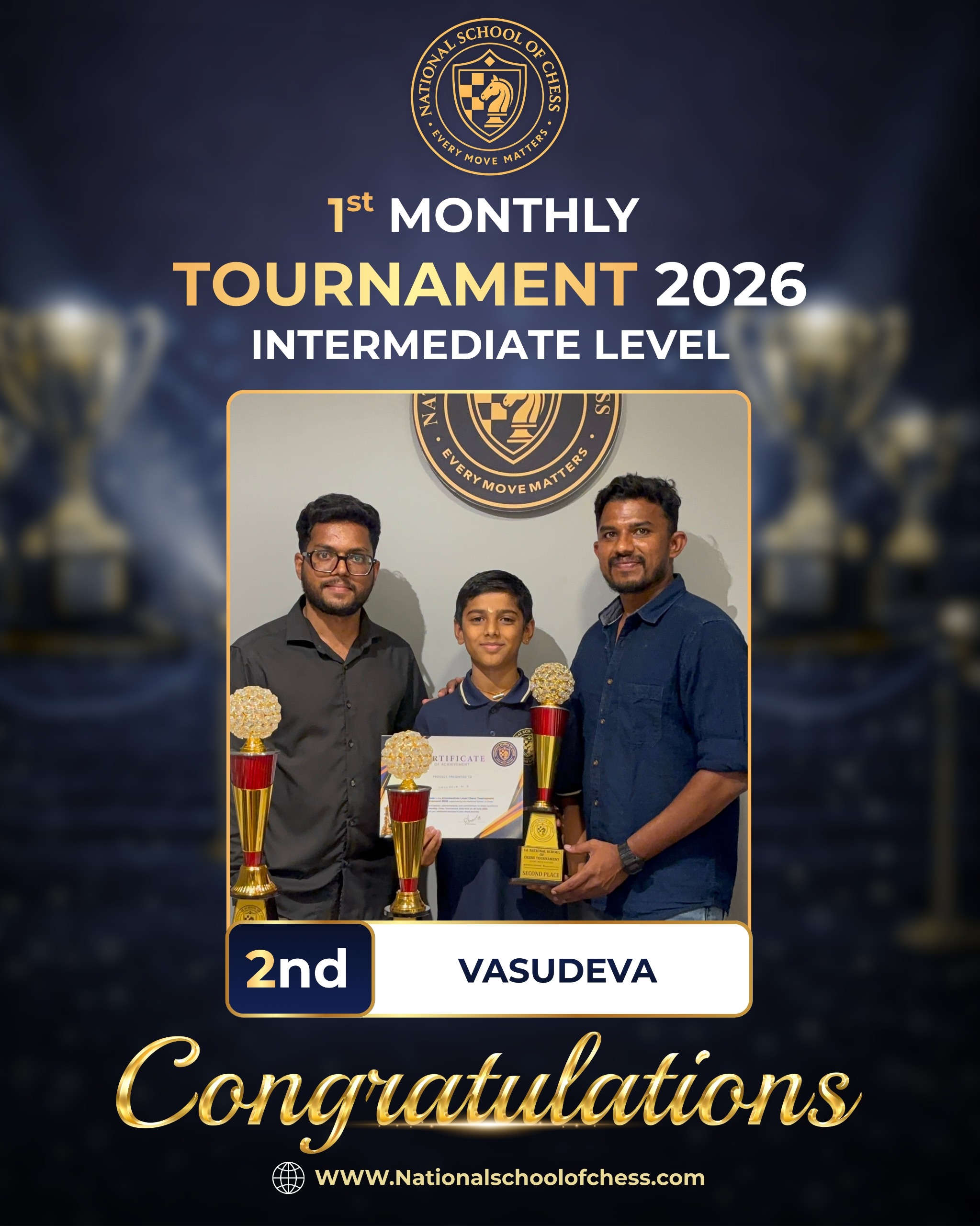 Vasudeva holding 2nd place trophy and certificate