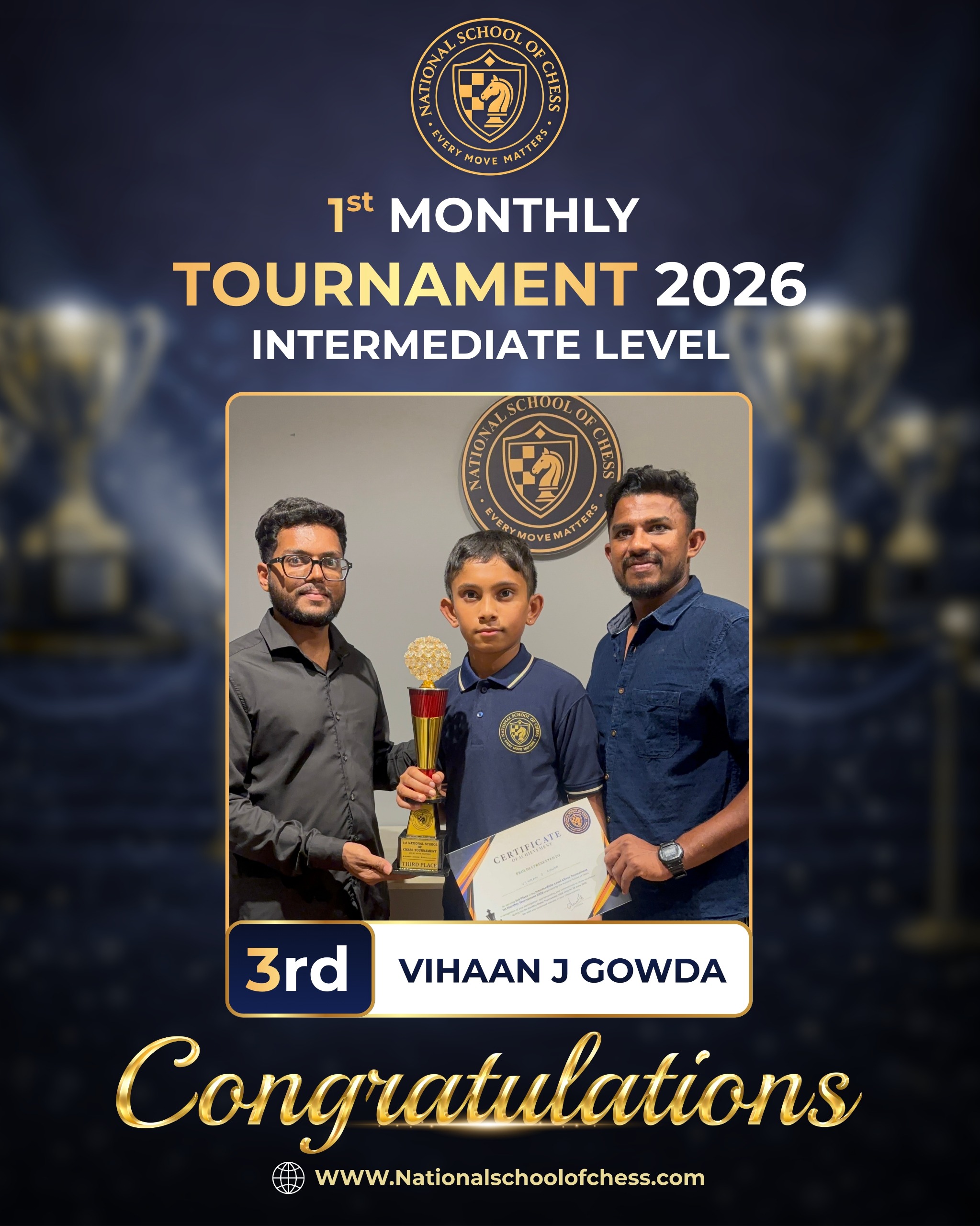 Vihaan J Gowda holding 3rd place trophy and certificate